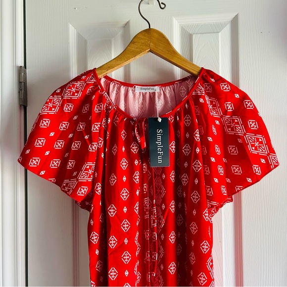 women’s xl red and white diamond handkerchief print blouse - Picture 2 of 4